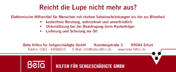 BeTa Hilfen für Sehgeschädigte GmbH aus Erfurt, Koenbergstraße 3, Telefon 03 61 430 68 310