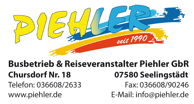 Busbetrieb & Reiseveranstalter Piehler GbR aus Seelingstädt, Chursdorf Nummer 18, Telefon 03 66 08 26 33